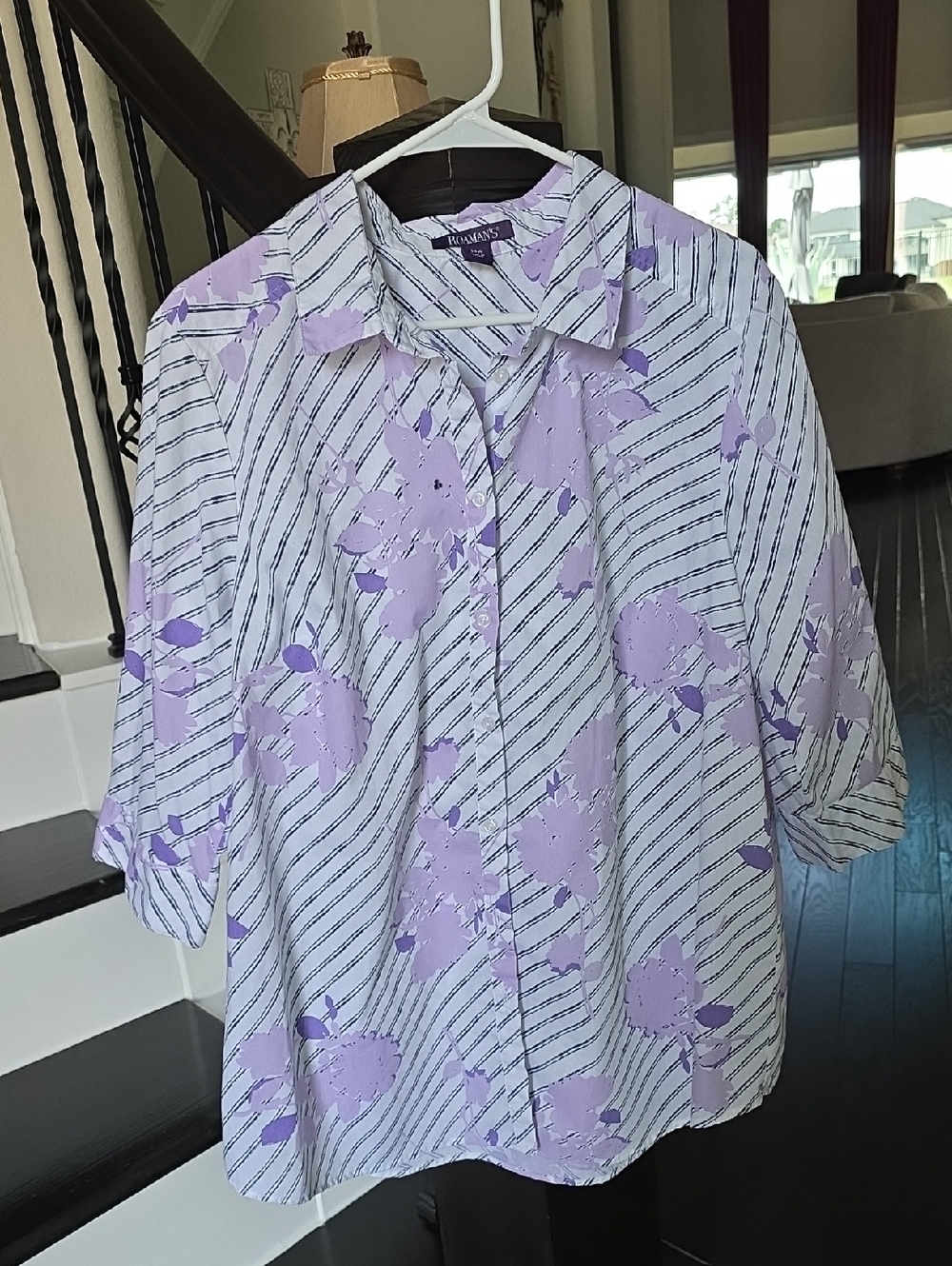 Roaman's Lavender Floral Button-Front Blouse